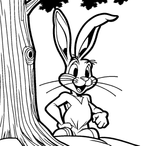 Outline of Bugs Bunny leaning against a tree with a smile