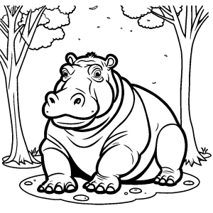 Hippopotamus relaxing in the sun by a tree Coloring Page