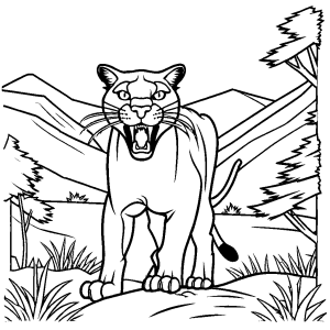 Puma animal roaring in the wilderness coloring page