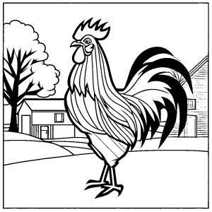Rooster outline with barn and trees in the background