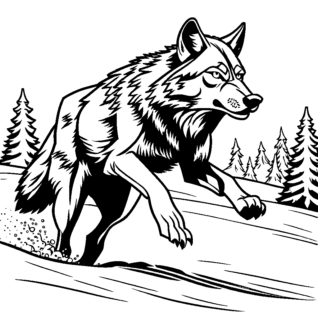 Wolf running through the snow coloring page