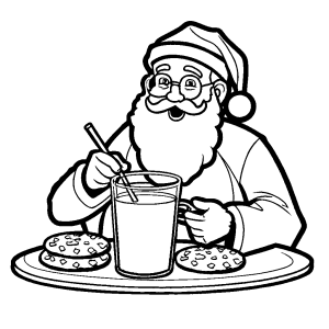 Santa Claus sitting and drinking milk while eating cookies coloring page