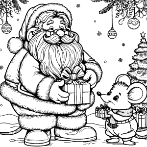 Santa Claus giving a gift to a Mouse in a Christmas coloring page