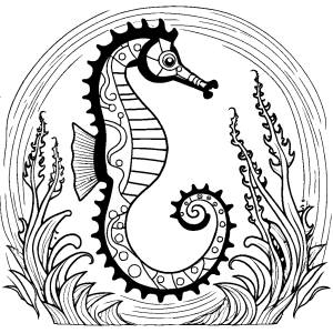 Seahorse surrounded by ocean elements for coloring