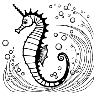 Seahorse with bubbles and swirls for coloring