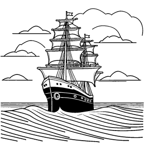 Black and white seascape drawing of a ship for coloring by kids