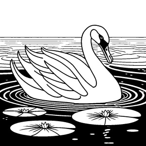 Swan swimming on calm pond with lily pad and ripples in the water.