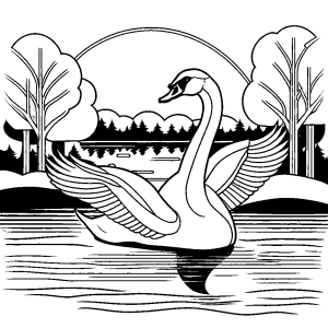 Swan swimming on peaceful river with trees in the background.