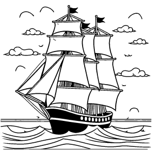 Simple line drawing of a ship with sails and mast for coloring activity
