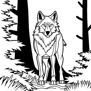 Wolf standing in a forest coloring page