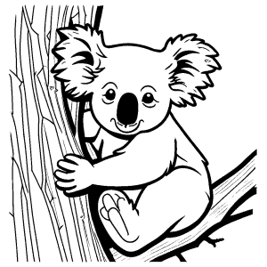 Black and white sketch of a sleepy koala cuddled up in a eucalyptus tree