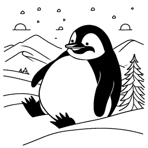 Chubby penguin sliding on belly down snowy hill coloring page