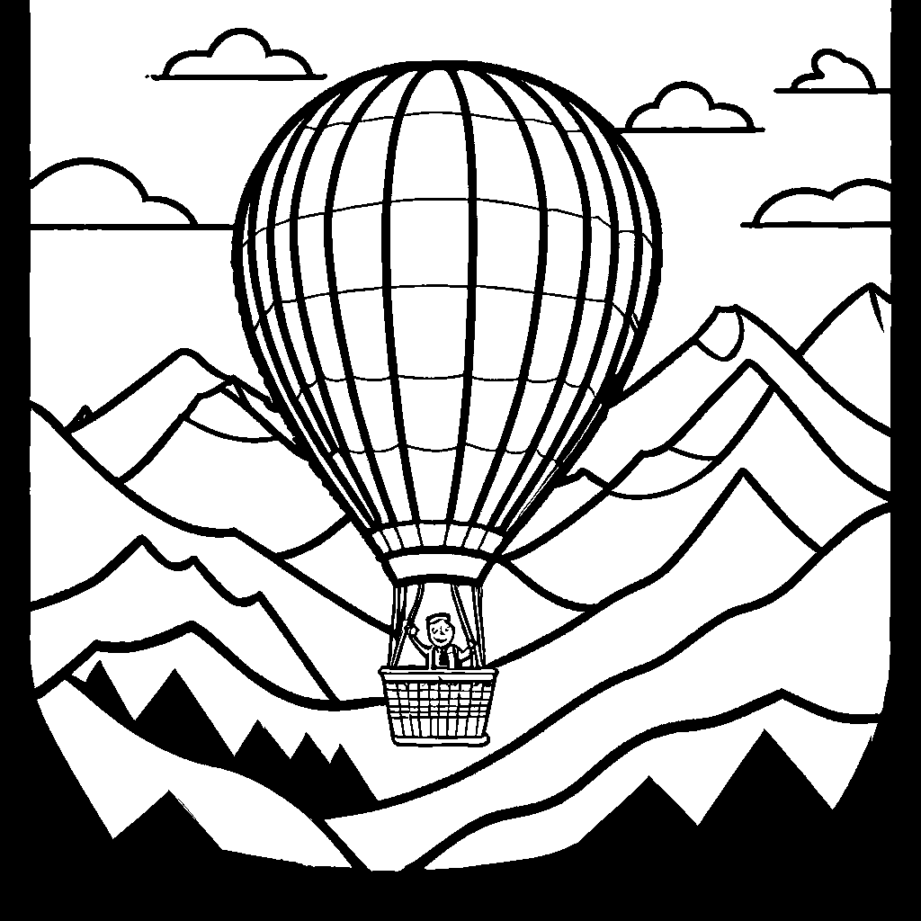 Cheerful hot air balloon flying over a mountain landscape