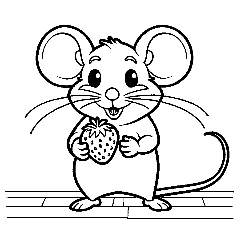 Smiling mouse carrying strawberry coloring page