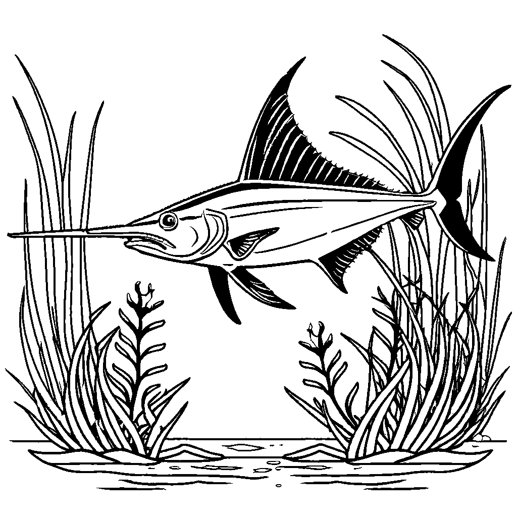 Swordfish with sea plants coloring page