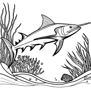 Swordfish with seaweed and coral reef coloring page