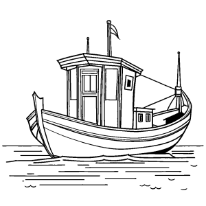 Simple sketch of a traditional boat with a wheelhouse for coloring