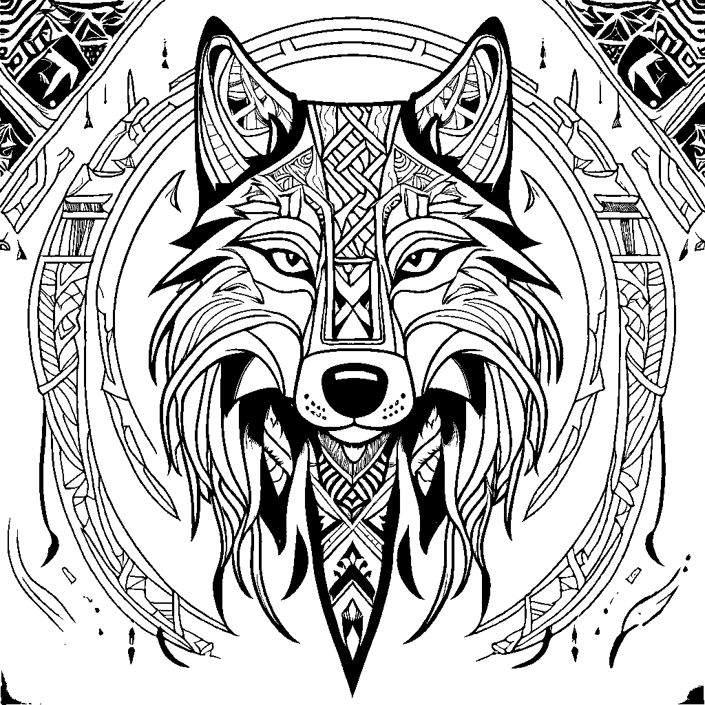 Stylized tribal wolf head, intricate details, coloring page