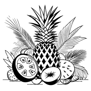Pineapple with coconut and mango coloring page