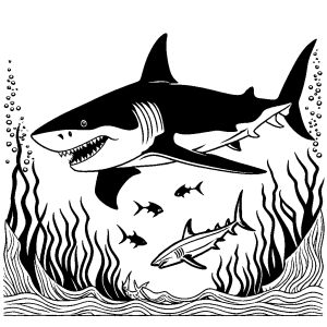 Underwater megalodon shark with smaller fish coloring page