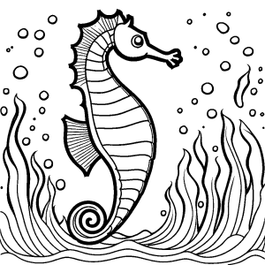 Seahorse swimming in underwater scene for coloring