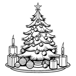 Vintage Christmas tree with ornaments and candles coloring page
