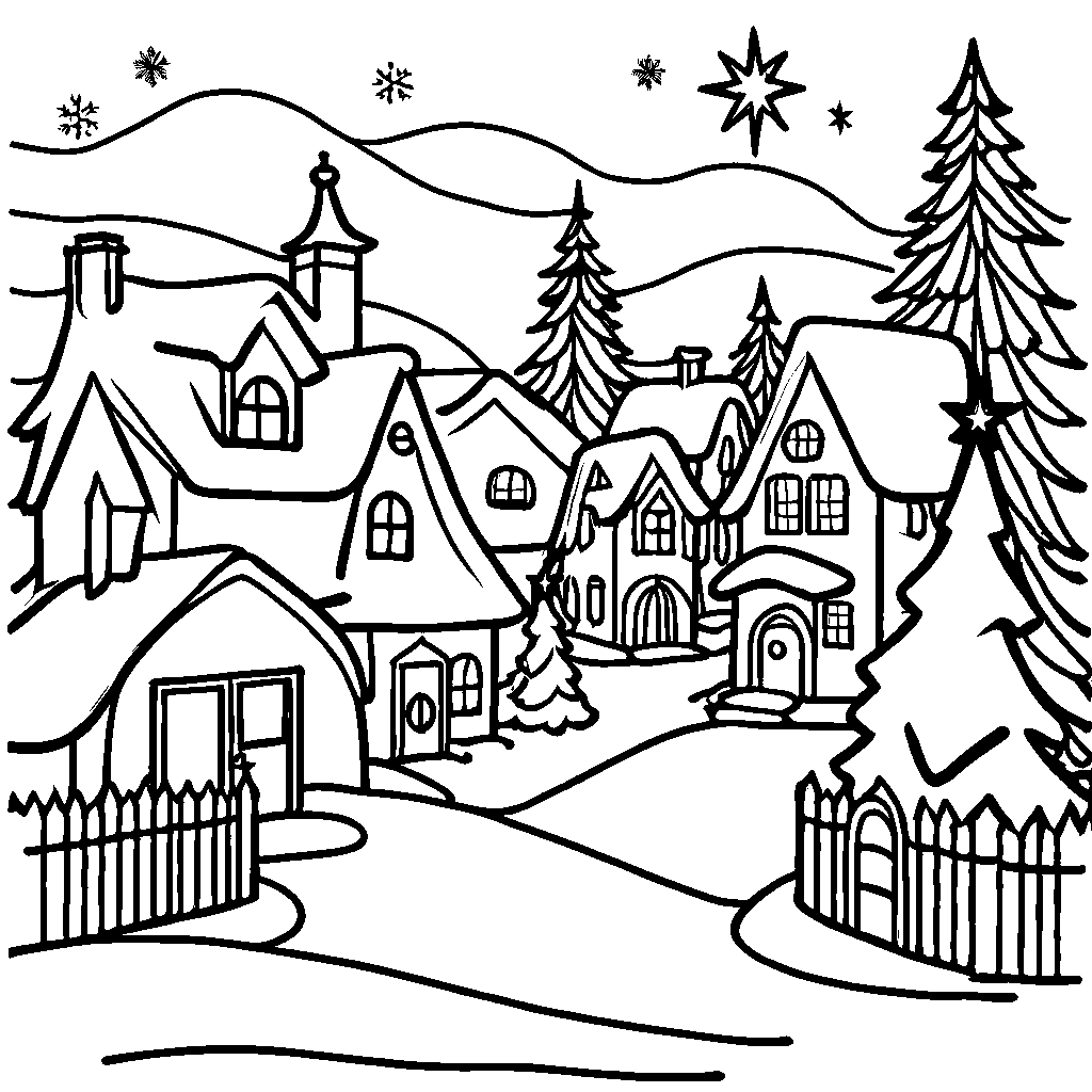 Vintage Christmas village with snow and lights coloring page