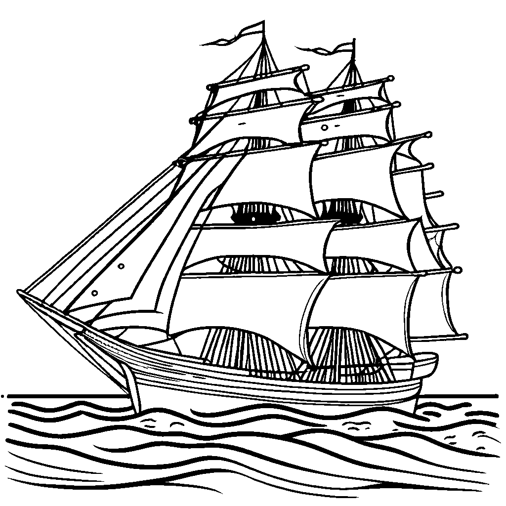 Vintage sailing ship outline drawing on the sea for coloring