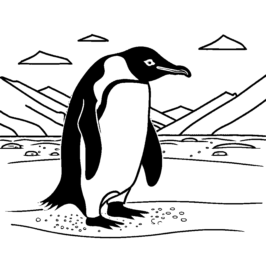 Penguin walking on snowy ground with footprints coloring page