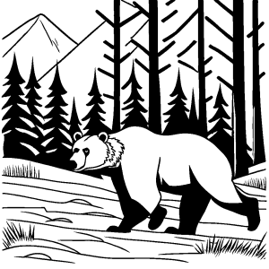 Brown bear walking with forest background coloring page