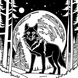 Wolf in the forest with full moon, coloring page