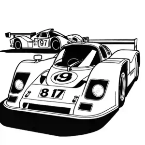 Black and white Porsche 962 race car illustration coloring page
