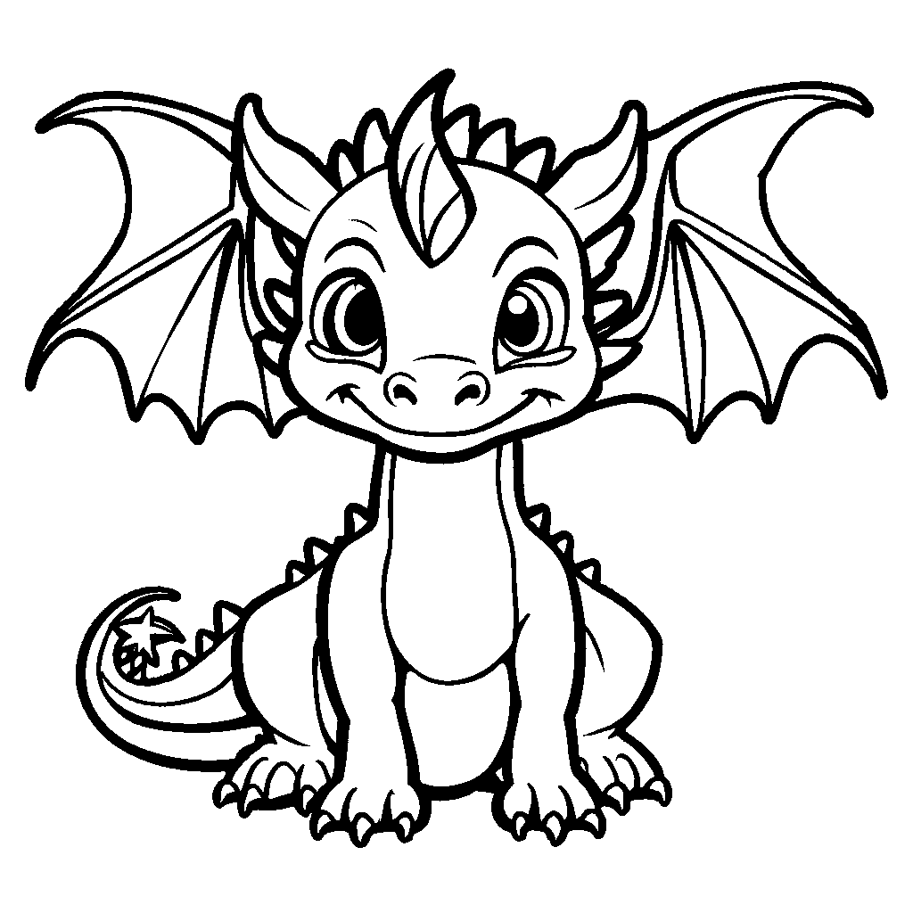 Sweet one-line drawing of a baby dragon with innocent eyes and round body for coloring enjoyment coloring page