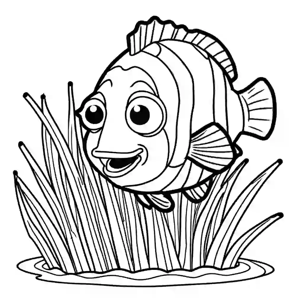 Cute Clownfish with distinctive orange and white stripes exploring the ocean floor coloring page