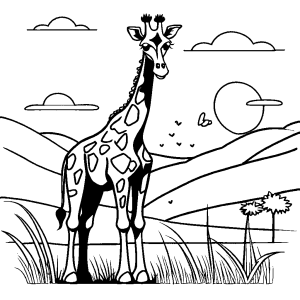 Simple one-line drawing of a giraffe in the savannah coloring page