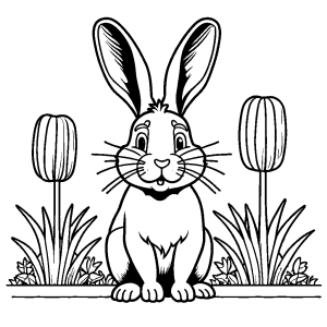 Rabbit sitting in a garden, simple coloring page