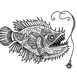 Artistic Anglerfish with sharp teeth and glowing lure in dark ocean depths coloring page