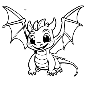 Baby dragon learning to fly with small wings and happy expression coloring page