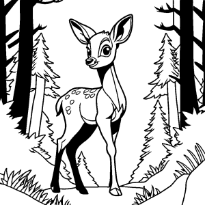 Bambi standing in the forest coloring page
