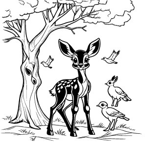 Bambi sitting under tree with birds coloring page