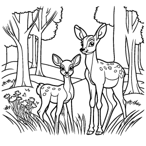 Bambi and woodland friends in the meadow coloring page