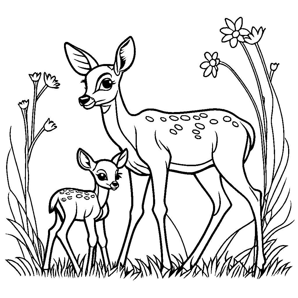 Bambi with mother in meadow coloring page