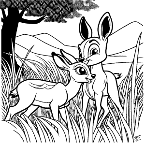 Bambi and Thumper playing in grass coloring page