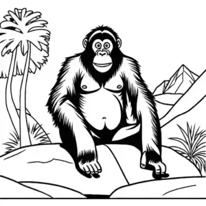 Orangutan sitting on a rock in simple illustration coloring page