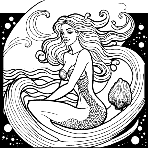 Gorgeous mermaid coloring page with seashell and ocean waves coloring page