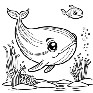 Blue whale with marine plants coloring page