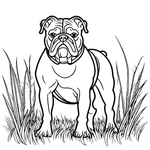 Bulldog outline coloring page on green grass field coloring page