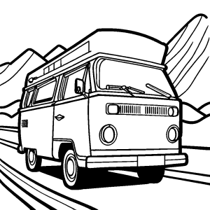 Camper van line art driving on a highway coloring page