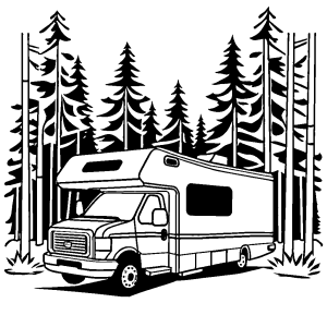 Recreational vehicle (RV) outline parked in a forest coloring page