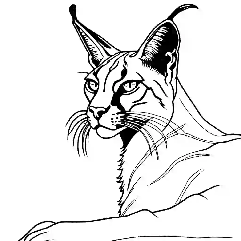 Line drawing of a Caracal gazing into the distance coloring page